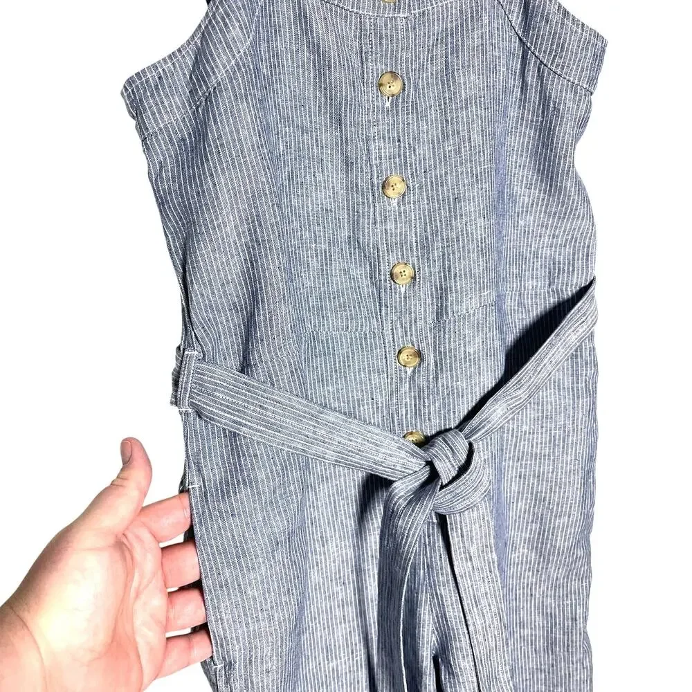 EVERLANE Women’s Blue Striped Linen Cropped Wide Leg Belted Jumpsuit